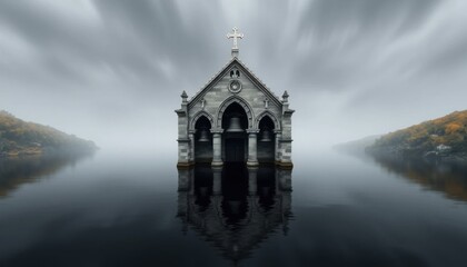 Submerged church: haunting bell tower in serene, misty waterscape.