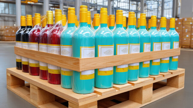 Pallet of wine bottles, various colors, ready for shipping, warehouse setting