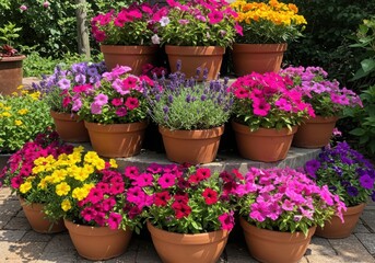 Colorful petunia flowers in pots on black background