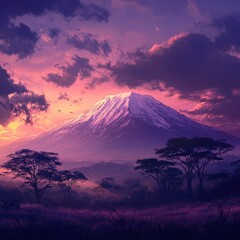 Obraz premium Snow capped mountain under a vibrant purple cloudy sky