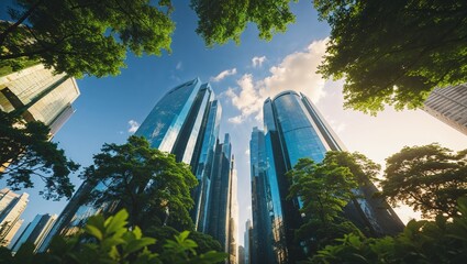 Low angle view of tall glass buildings and green trees against a partly cloudy blue sky in the city center