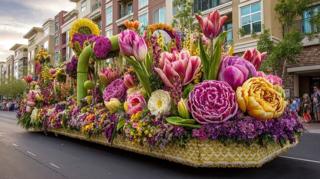 Tulip parade float decorated in stunning floral patterns