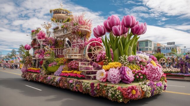 Tulip parade float decorated in stunning floral patterns