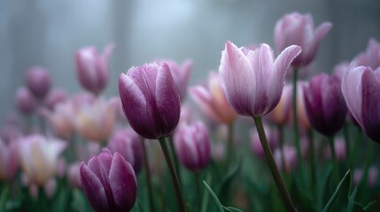 Tulips bathed in morning fog appearing mysterious and enchanting in soft muted colors