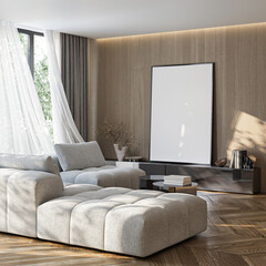 Frame mockup, ISO A paper size. Living room wall poster mockup. Interior mockup with house background. Modern interior design. 3D render
