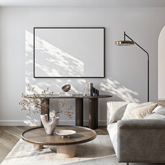 Frame mockup, ISO A paper size. Living room wall poster mockup. Interior mockup with house background. Modern interior design. 3D render
