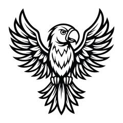 Striking Parrot Design with Open Wings, Black and White, Bird, Winged, Isolated, Tribal