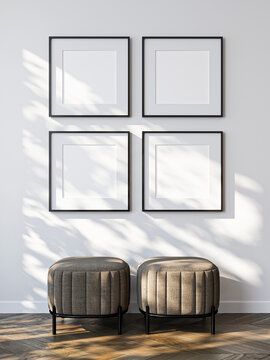 Frame mockup, ISO A paper size. Living room wall poster mockup. Interior mockup with house background. Modern interior design. 3D render
