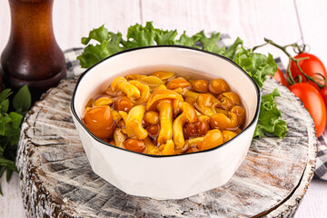 Marinated honey mushroom in the bowl