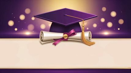A purple and gold banner featuring a graduation cap and diploma, designed for graduation themes university or high school dedication or congratulation wish. Includes empty space for custom text. image
