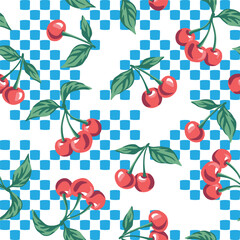 Red cherry seamless pattern, blue checkered background. Summer fruit wallpaper.