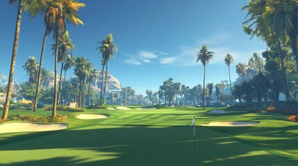 Green putting surface on a tropical golf course surrounded by tall palms and clear blue skies