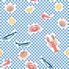 Sardines fish, lobster, crab, lemon, shell seamless pattern, blue checkered background. Summer sea print.