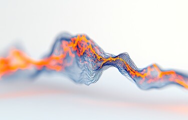 Abstract wavy forms of interconnected lines, displaying a dynamic, flowing texture.  Orange and blue hues create a visually striking contrast against a light gray background.  