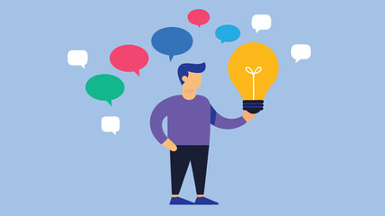 illustration of a person holding a light bulb idea, colorful speech bubbles surrounding, flat design style, vibrant colors
