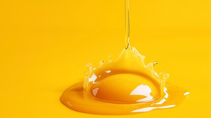 Yellow fluid cascades dramatically as a drop plunges into the liquid, creating a splash and ripples against the vibrant yellow background.