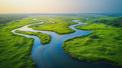 Serpentine river winding through verdant landscape.