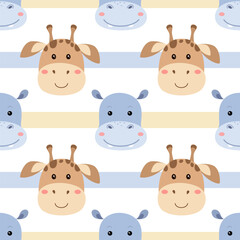 Seamless pattern cartoon safari African animal heads. Giraffe, hippo. Striped background. Vector illustration.