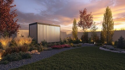 Obraz premium Modern garden storage with clean lines, set in a landscaped backyard with sunset colors in the sky