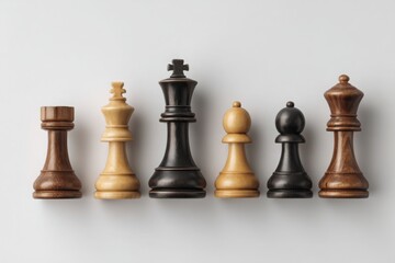Unique collection of chess pieces arranged in order of rank on a plain background
