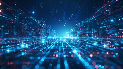 A dark and mysterious data center. The blue lights of the servers are reflected on the floor. The atmosphere is cold and sterile.