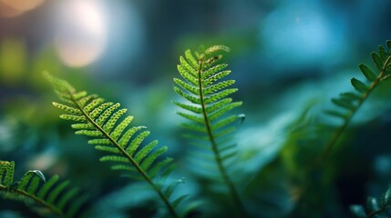 Close-up of vibrant fern fronds in soft focus