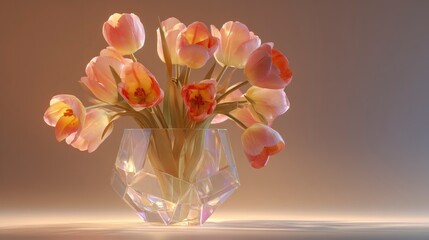A whimsical tulip bouquet inside a crystalline geometric vase glowing under soft ambient lighting
