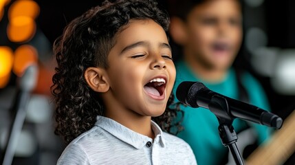Young child sings passionately into a microphone on stage, surrounded by other musicians and stage lights.