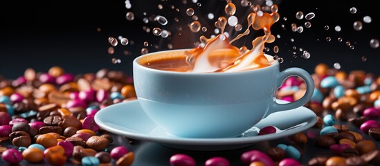 Cup of coffee with splashes on a black background with coffee beans