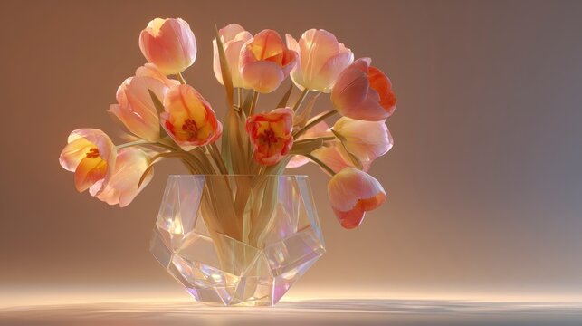 A whimsical tulip bouquet inside a crystalline geometric vase glowing under soft ambient lighting