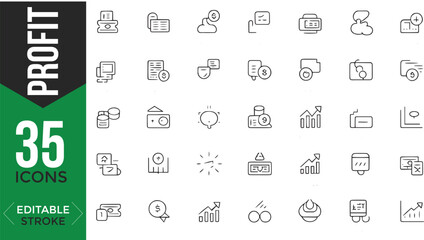 Profit Line Icons Set – Editable Thin Line Finance Vector Illustration (Cash, Income, Savings & More)


