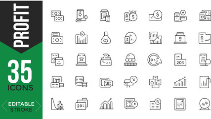 Profit Line Icons Set – Editable Thin Line Finance Vector Illustration (Cash, Income, Savings & More)

