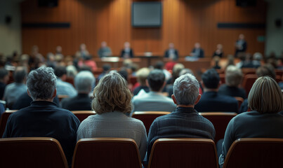Audience members seated in a conference room, facing a panel of speakers in a formal setting.