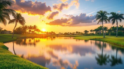Obraz premium Tranquil lagoon near a green golf course fairway, reflecting palm trees and soft sunset sky