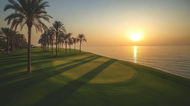Tranquil tropical golf course at sunset with golden light reflecting off the sea and casting long shadows on the grass