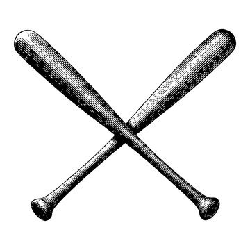 Crossed Baseball Bats Sport Equipment Vintage Black and White Outline Line Art Drawing
