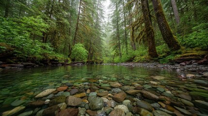 Crystal clear stream meanders through a dense, verdant forest, revealing smooth stones at its bottom.  The towering trees create a serene atmosphere.