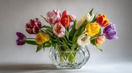 An artistic floral arrangement featuring tulips bursting with vivid hues inside a faceted glass vase