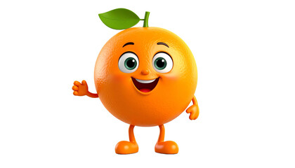 A cartoon orange character with a happy expression and cheerful gesture