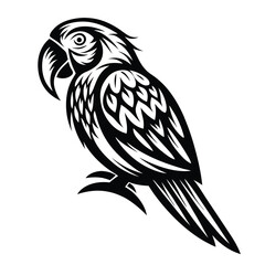 Elegant Black Silhouette of Parrot. Perched Bird in Isolated Style