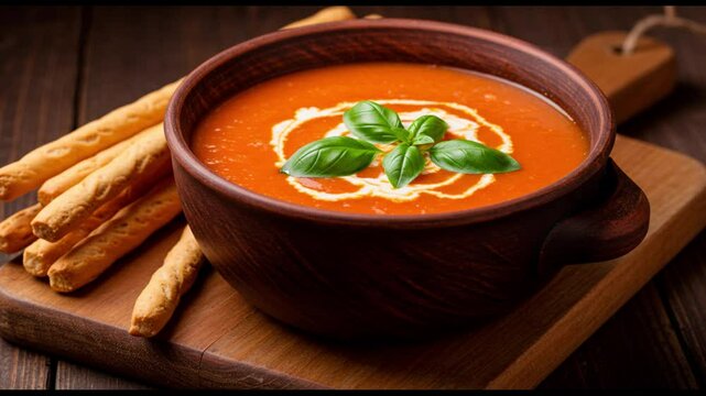 A delightful bowl of tomato soup, beautifully garnished and served with breadsticks