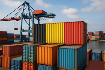 Fototapeta premium Freight container with German flag design placed among others in a busy terminal, representing European industrial shipping. 
