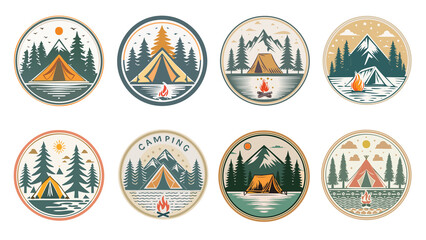 Vintage camping logo set with tents, pine trees, campfires and mountain scenery in circular badge design. Perfect for outdoor adventure, travel, hiking, and nature exploration branding.