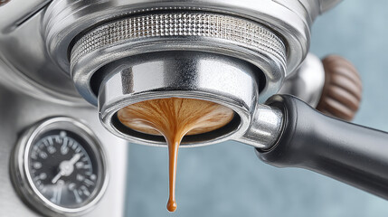 Obraz premium Espresso machine pouring rich brown coffee, close-up showing details of brewing