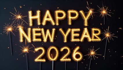 Happy new year written with sparklers and the year two thousand and twenty six on a black background