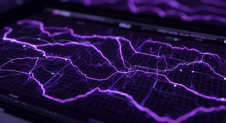 Abstract purple network data visualization background with glowing data lines