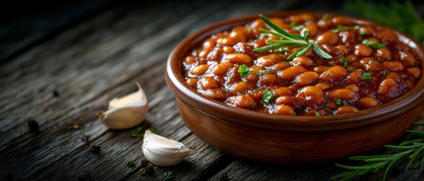 Rustic baked beans bowl with herbs on a weathered wooden table