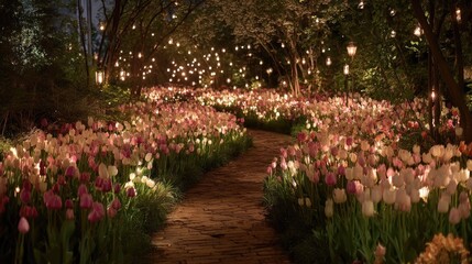 An enchanted floral pathway lined with glowing tulips under softly flickering fairy lights