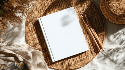 Blank book on a woven tray, with natural elements