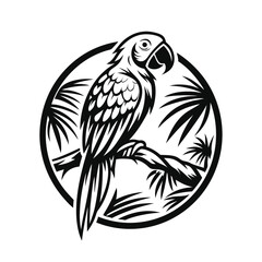 Parrot Logo Silhouette. Exotic Bird Sitting on Branch with Leaves Black and White Icon
